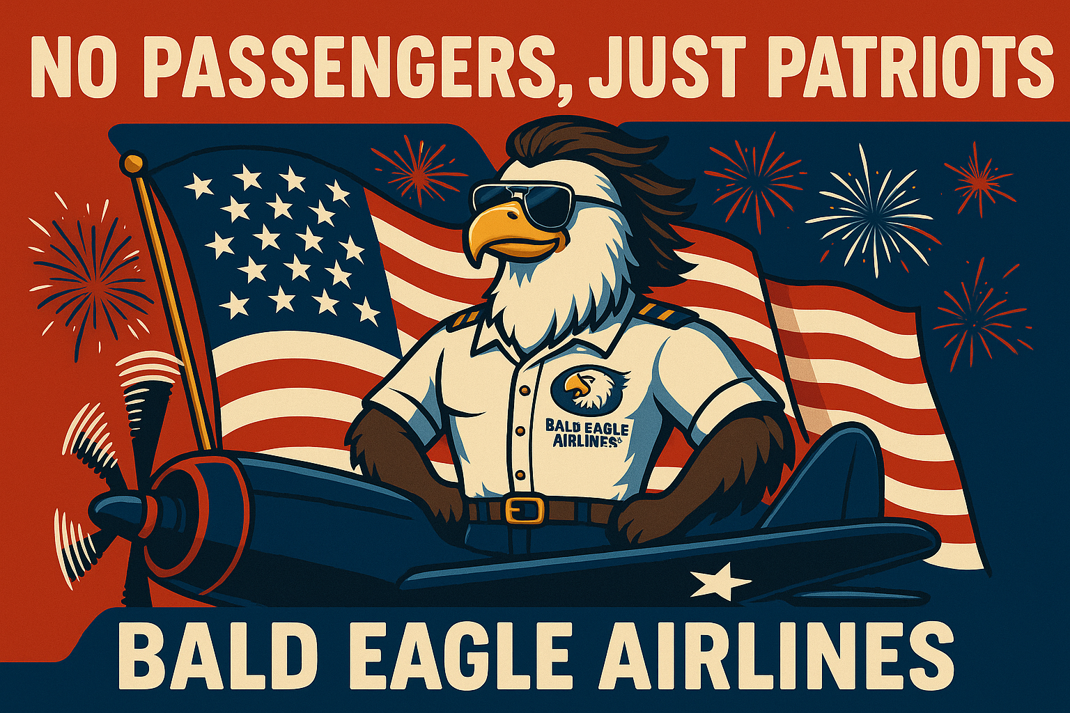 Captain Eagle wearing a patriotic pilot shirt in front of an American flag