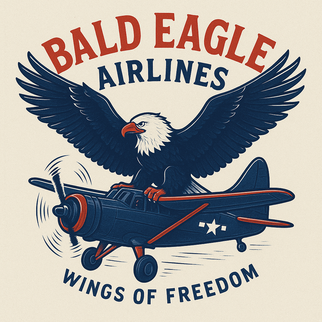 Bald Eagle Airlines Wings of Freedom logo featuring a bold eagle head with American flag backdrop”
