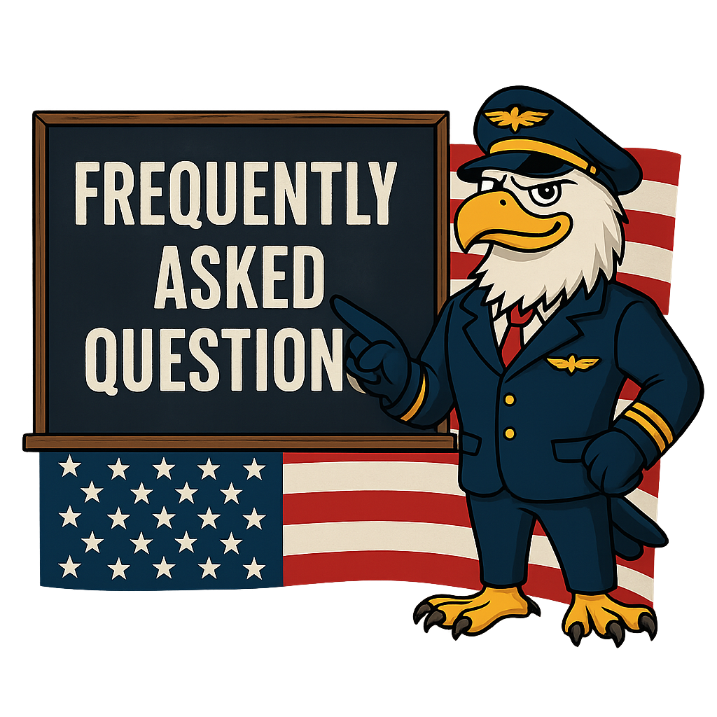 Captain Eagle standing proudly next to a chalkboard labeled "Frequently Asked Questions" with an American flag backdrop