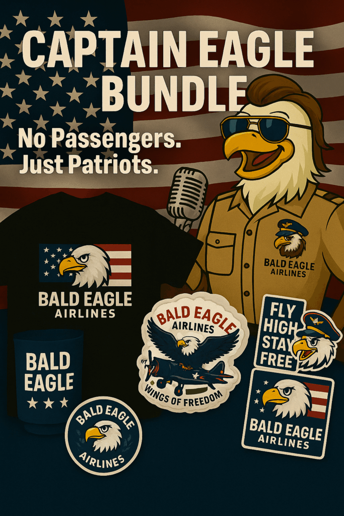 Captain Eagle Bundle including patriotic shirt, koozie, and stickers with No Passengers Just Patriots slogan”