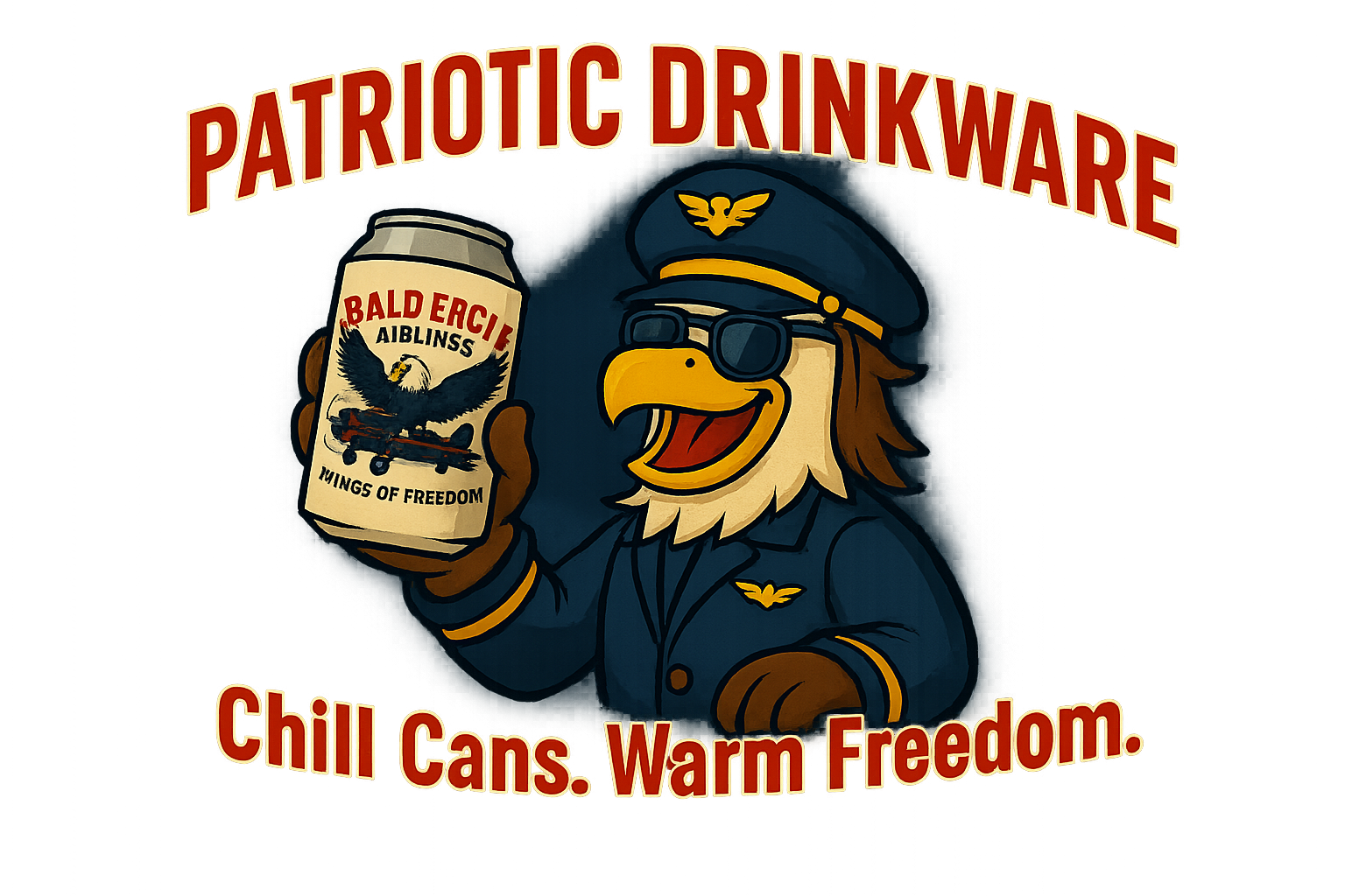 Captain Eagle in a pilot uniform holding a drink can with a white Bald Eagle Airlines koozie, promoting patriotic drinkware.